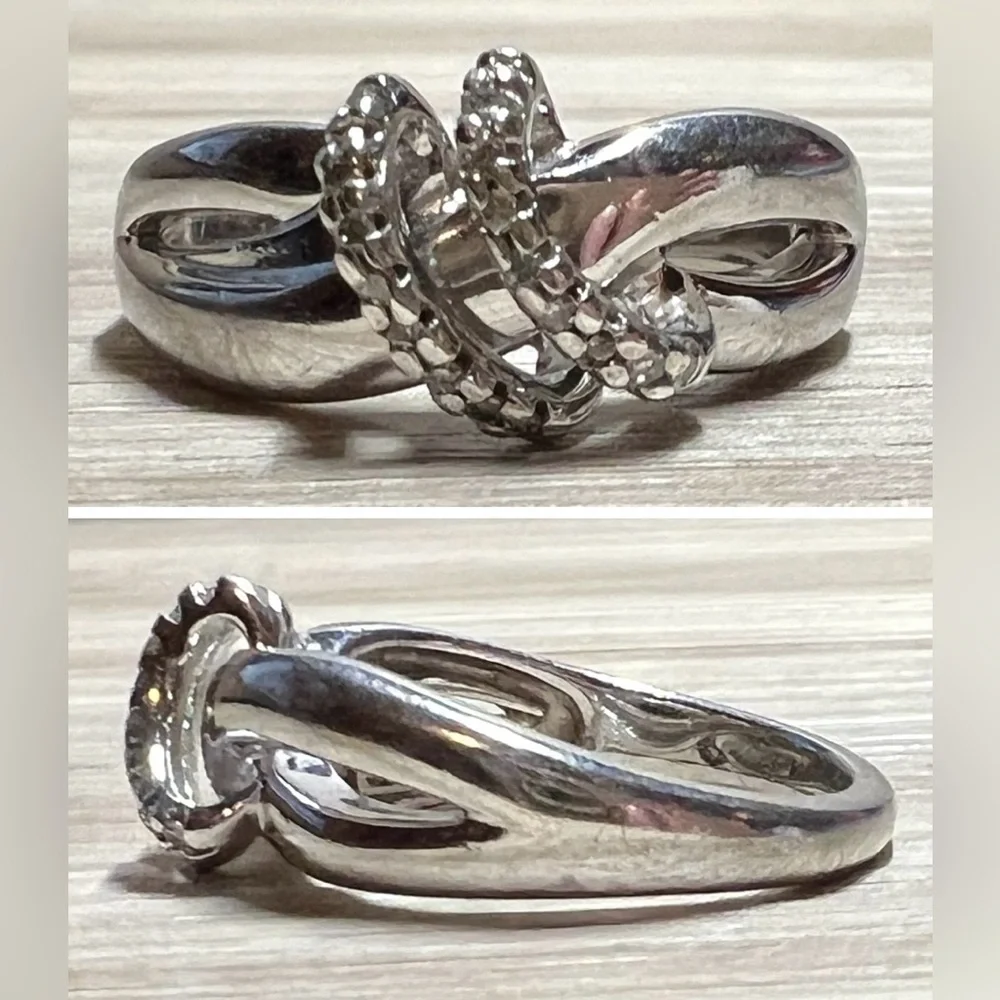 Designer Signed SUN Sterling Silver Double Row Diamond Highway Ring, Size 6.5